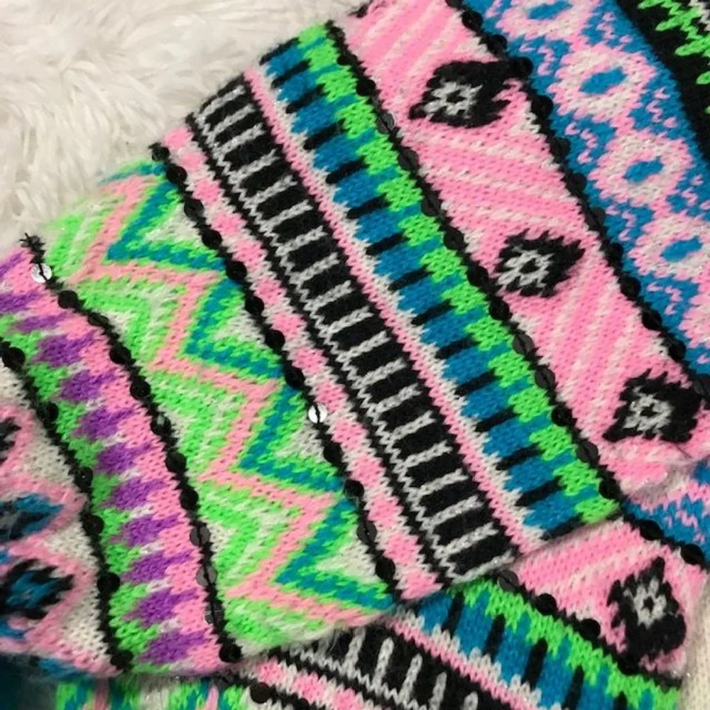 Sequin Sparkle Fair Aisle Pom Pom Scarf & Convertible Mitten to Fingerless Set